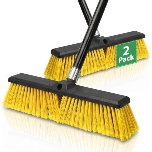 2 Pack 24" Push Broom Outdoor, Heavy Duty Broom with 62" Long Handle, Stiff Bristle Garage Broom for Patio Deck Driveway Concrete Floor Shop Warehouse Cleaning - color: Yellow 2 Pack, size: 24Inch