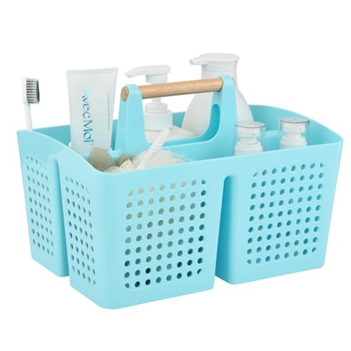 Portable Shower Caddy Basket with Wood Handle, 3-Compartment Bathroom Organizer Tote with Drain Holes, Plastic Shower Basket for Dorm, Toiletries, Cleaning Supplies, Light Blue - color: Light Blue