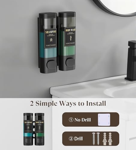 Luxspire Shampoo and Conditioner Dispenser, No Drill Wall Mounted Shower Soap Dispenser 2 Chamber with Waterproof Labels, Easy Refill Soap Dispenser for Bathroom Hotel Kitchen, Black - color: Black, size: 2 Chamber