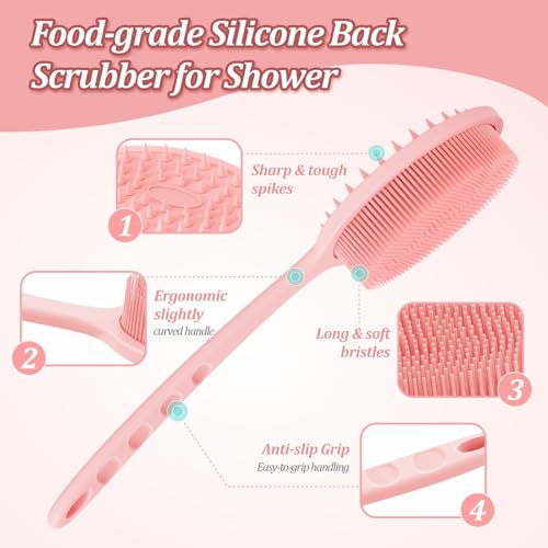 Silicone Back & Face Scrubber & Bath Glove Set 3PCS, 13.4'' Gentle Back Scrubber with Dual-Side Head, 360° Anti-Slip Bath Glove, Unique Side-bristled Face Scrubber for All-Round Cleaning(Pink) - color: Pink*3