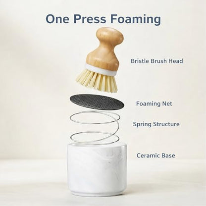 ONEMORE Bamboo Dish Brush with Ceramic Foaming Base, Kitchen Sink Scrub Brush Set with Spring and Mesh Insert, Wooden Handle Dishwashing Brush for Pots Pans Plates Bowls, Marble - color: Marble
