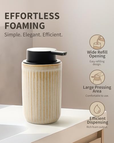 BosilunLife Foam Hand Soap Dispenser - Ceramic Foaming Soap Dispenser for Bathroom 12oz Refillable Liquid Lotion Soap Dispenser with Rust-Proof Foaming Pump for Countertop, Greige - color: Greige Foam Pump