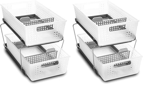 madesmart 2 Tier Bath Organizer,Undersink Storage with Sliding Drawers,for Cleaning Supplies, Pantry, Sponges,Bottles&Kitchen Essentials,Adjustable Dividers&Pull Out Sliding Baskets,Frost, (Pack of 2) - size: 2-Pack