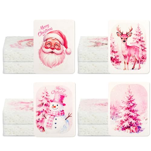Chengu 12 Pcs Christmas Kitchen Sponges Pink Santa Reindeer Snowman Xmas Tree Water Absorbing Dish Washing Sponge Non Scratch Household Cleaning Scrub Sponges for Holiday Home Kitchen Bathroom - style: Christmas