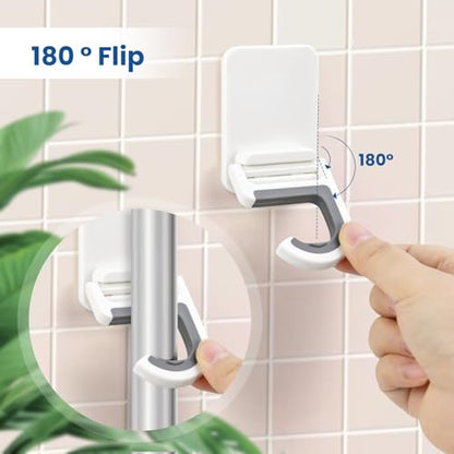 4 Pcs White Broom and Mop Holder Wall Mount Self-Adhesive Anti-Slip Gripper Cleaning Organizer Mop Handle Hanger Multi-Purpose Hook for Household, Home, Kitchen,Bathroom, Garden, Garage Storage