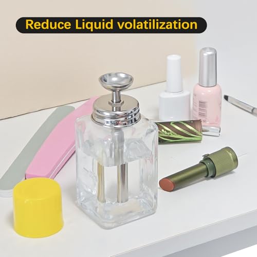 6oz / 180ml Glass Dispenser, Push Down Acetone Pump Alcohol Dispenser with Metal Cover, Nail Polish Remover Liquid Pump Square Bottle Hand Pumping Rubbing Press Container
