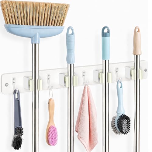 AceMining Broom Holder Wall Mounted, White 4 Holders and 4 Hooks Mop Holder, Wooden Mop and Broom Holder with Anti slip rubber, Natural pine wood Brush Holder, Mop Wall Holde with Nail installation - color: White, size: 1 Pack