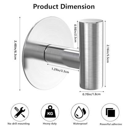 Heavy Duty Self-Adhesive Coat Hooks, Stainless Steel Towel Hooks for Bags, Towels, Robes, Hats, Aprons – No Drill Bathroom, Kitchen, Hotel Wall Hooks (2 Pack, Silver) - color: Silvery, size: Adhesive "T" Shape- 2 Pack
