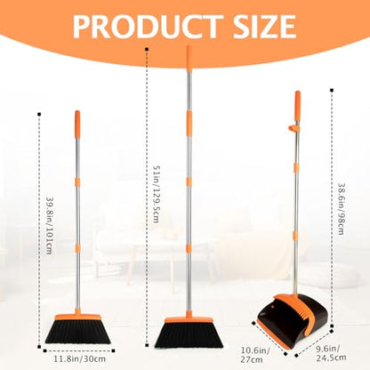 2-Pack Broom and Dustpan Set with Long Handle, Heavy Dust Broom and Dustpan Combo for Home，Kitchen, Office, Pet Hair (Brown Orange) - color: Brown Orange 2-pack