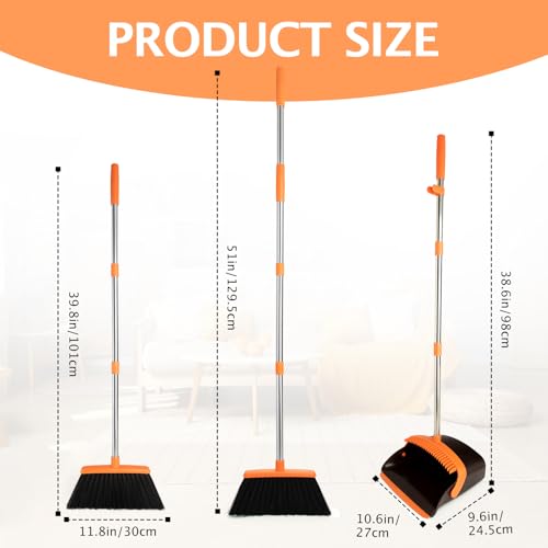 2-Pack Broom and Dustpan Set with Long Handle, Heavy Dust Broom and Dustpan Combo for Home，Kitchen, Office, Pet Hair (Brown Orange) - color: Brown Orange 2-pack