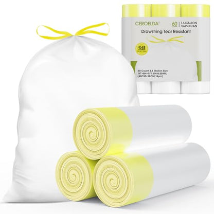 CEROELDA 1.6 Gallon Small Trash Bags, 60 Count Mini Drawstring Garbage Bags Unscented fit 4.5-8 Liter, 1.2-2 Gallon Thick Plastic Wastebasket Liners for Bathroom Bedroom Office Toilet - size: 60 Count