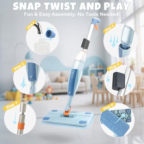 Dreamon Kids Spray Mop - Real Working Toddler Cleaning Set with Water Sprayer & 3 Washable Mop Pads & Scraper, Pretend Play Montessori Housekeeping Toys Gifts for Toddlers Kids Girls Boys(Blue) - color: Blue