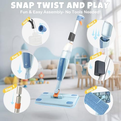 Dreamon Kids Spray Mop - Real Working Toddler Cleaning Set with Water Sprayer & 3 Washable Mop Pads & Scraper, Pretend Play Montessori Housekeeping Toys Gifts for Toddlers Kids Girls Boys(Blue) - color: Blue