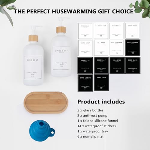 White Glass Soap Dispenser - Hand Dish Soap Dispenser Set for Kitchen, Bathroom with Sturdy Pump and Tray, 14 Waterproof Labels,Refillable Soap Lotion Dispenser-White - color: White Bottle + 14 Labels + Funnel + Tray