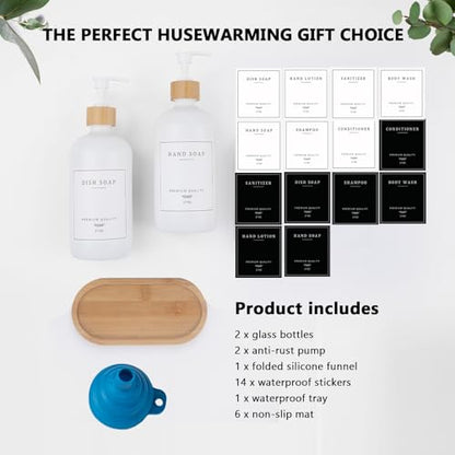 White Glass Soap Dispenser - Hand Dish Soap Dispenser Set for Kitchen, Bathroom with Sturdy Pump and Tray, 14 Waterproof Labels,Refillable Soap Lotion Dispenser-White - color: White Bottle + 14 Labels + Funnel + Tray