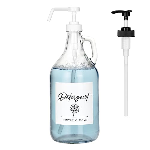 Crutello 64 oz Glass Laundry Detergent Dispenser for Detergent, Bleach, Syrup Pump Dispenser, Ketchup Pump, Glass Pump Bottle for Laundry Room Decor with Spray Bottle for Cleaning Solutions