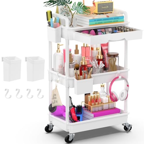 Goovilla 3 Tier Rolling Utility Cart Organizer with Removable Drawer, Stable and Sturdy White Rolling Storage Carts with 2 Lockable Wheels for Bathroom, Kitchen, Snack, Craft, Makeup, Baby Essentials - size: 3 Tier, style: White