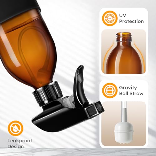 Tecohouse 2 Pack 360° Amber Glass Spray Bottles with Silicone Sleeve, 8 oz Empty Refillable Containers with Adjustable Spray Nozzles, Dark Spray Bottles for Cleaning Solutions, Plants (Black & Brown) - color: Amber, size: 8OZ