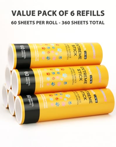 50% Stickier Large Surface Roller Refill for Scotch-Brite Large Lint Roller 8 inch Extra Sticky 60 Sheets per Refill, Pack of 6, 360 Sheets Total, Works Great On Pet Hair - size: 6-Pack