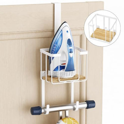ORLESS Ironing Board Hanger Over Door & Wall Mount, White | 2 in 1 Heavy Duty Iron Board Holder with Storage Basket, Fits T/Y Boards, Laundry Room Space Saver - color: White Iron Natural Wood
