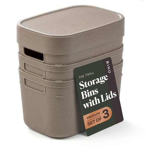 BINO | Plastic Storage Bins with Lids, 5.5 Liter - 3 Pack, Taupe | THE TWILL COLLECTION | Plastic Bins for Organization | Woven Storage Baskets for Organizing | Pantry Shelf Organizer Basket Bin - color: Taupe, size: 5.5L | 3-Pack