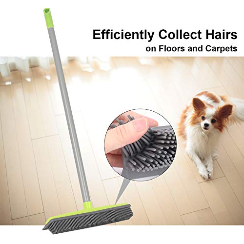 LandHope Push Broom Long Handle Rubber Bristles Sweeper Squeegee Edge 59 inches Non Scratch Bristle Broom for Pet Cat Dog Hair Carpet Hardwood Tile Windows Clean Water Resistant (Multi Segment Handle) - color: Grey-green