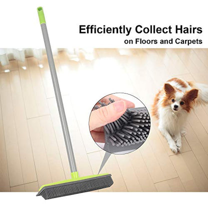 LandHope Push Broom Long Handle Rubber Bristles Sweeper Squeegee Edge 59 inches Non Scratch Bristle Broom for Pet Cat Dog Hair Carpet Hardwood Tile Windows Clean Water Resistant (Multi Segment Handle) - color: Grey-green