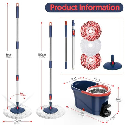 Spin Mop and Bucket with Wringer Set, 360° Rotating Microfiber Mop, Adjustable Handle, Hands-Free Wringing, Reusable Mop Heads (Red mop and Bucket + 5 mop Head) - color: Red Mop and Bucket + 5 Mop Head