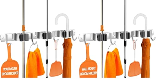 The Good Stuff Compact Mop and Broom Holder Wall Mount – Stainless Steel Organizer with 3 Racks and 2 Hooks – Rust-Resistant, Space-Saving Tool Hanger for Closet, Kitchen, Garage, or RV (Pack of 2) - size: Compact (Pack of 2)