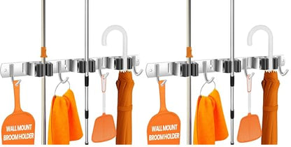 The Good Stuff Compact Mop and Broom Holder Wall Mount – Stainless Steel Organizer with 3 Racks and 2 Hooks – Rust-Resistant, Space-Saving Tool Hanger for Closet, Kitchen, Garage, or RV (Pack of 2) - size: Compact (Pack of 2)
