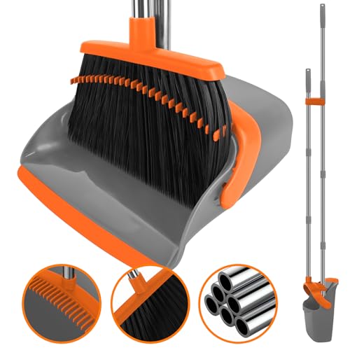 Broom and Dustpan Set, Large Broom with Dustpan Combo Set, 55" Long Handle Heavy Duty Industrial Dust pan Set for Classroom Lobby Home - color: Orange, size: Large
