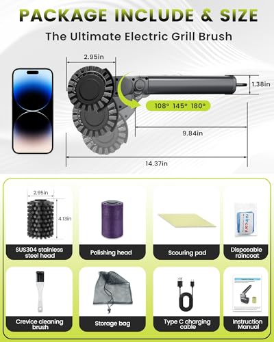 Electric Grill Brush for Outdoor Grill, Rechargeable Cordless BBQ Grill Cleaning Brush with 2 Rotating Head, 1.5HR Battery, 392°F Heat Proof -Perfect Valentine Gifts for Men