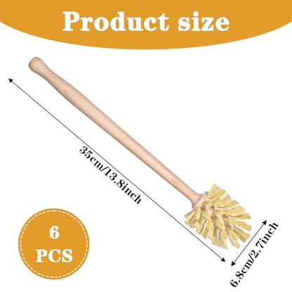 6-Pack Natural Wood Dish Brush Set with Long Beechwood Handle & Sisal Bristles, 13.8 x 2.7 Inch Bottle Brush for Cleaning Jars, Mugs, Glasses, Vases, Pitchers