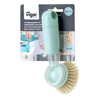 Vigar Rengo Dish Brush with Soap Dispenser - Dish Scrubber with Handle, Kitchen Scrub Brush for Dishes, Sink Cleaning Brush, Soap Dispensing Dish Wand with Nylon Bristles, Non Scratch - Turquoise - color: Turquoise