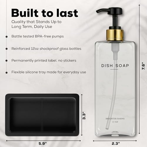 Glass Hand and Dish Soap Dispenser Set by Brighter Barns - Kitchen Soap Dispenser Set with Tray & Pump - Refillable Glass Bottles for Sink - Neutral Kitchen Accessories for Airbnb, Restaurants (Clear) - color: Clear