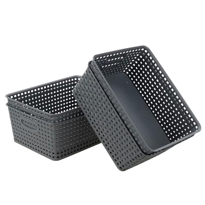 4-Pack Plastic Storage Basket, Gray Organizer Bin - size: Medium(11.41" x 8.93" x 4.72")