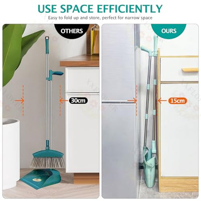 XXXFLOWER Broom and Dustpan Set with Cleaning Teeth, 55" Long Handle Indoor Sweeping Combo for Home Office Kitchen, Bluish Green
