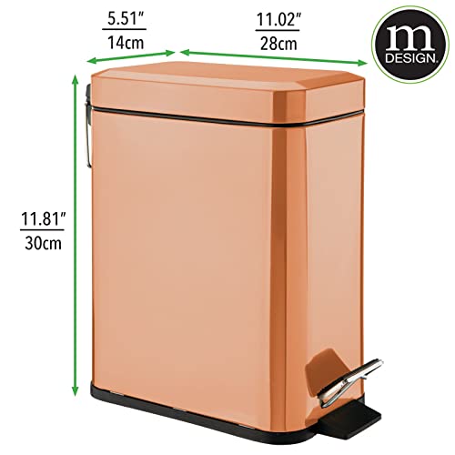mDesign Small Modern 1.3 Gallon Rectangle Metal Lidded Step Trash Can, Compact Garbage Bin with Removable Liner Bucket and Handle for Bathroom, Kitchen, Craft Room, Office, Garage - Copper - color: Copper, size: 1.3 Gallon