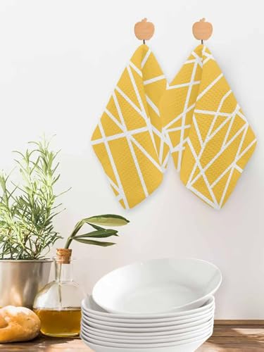 Modern Yellow Dish Towels Set, Waffle Weave Kitchen Towels 2 Pieces, Microfiber Hair Face Bath Tea Towel Absorbent Quick Drying Cleaning Dish Cloths, White Minimalist Geometric Stripes 12"x12" - size: 2PCS,12"x12"