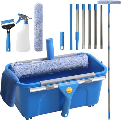 Creatyi 11PCS Window Cleaning Kit Washing Tool, Bucket 3 Gallon, 76 inch Long Handle Window Squeegee and Microfiber Scrubber,Equipped with Replaceable Squeegee and Scrubber for Home Business Use