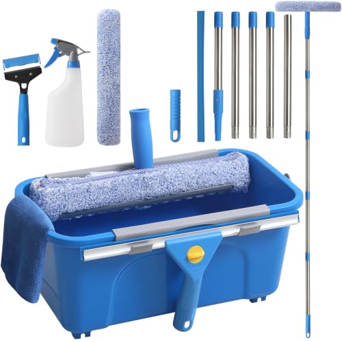 Creatyi 11PCS Window Cleaning Kit Washing Tool, Bucket 3 Gallon, 76 inch Long Handle Window Squeegee and Microfiber Scrubber,Equipped with Replaceable Squeegee and Scrubber for Home Business Use