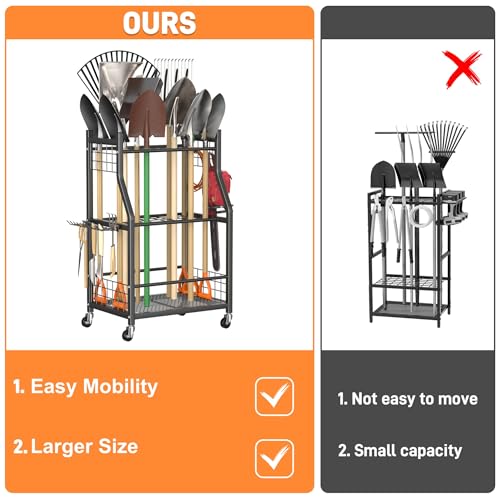 TORACK Garden Tool Organizer with Wheels, Rakes Shovels Yard Tools Stand for Garage, Shed, Garden, Indoor/Outdoor Long-Handled Tools Cart(Mid-size) - style: Mid-size Tool Stand