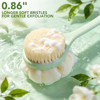 Back Scrubber for Shower, 15.7" Loofah with Handle, Back Shower Brush with Bristles and Loofah, Dry Brushing Body Brush for Cleanse Back and Hard to Reach Areas with Curved Long Handle - color: Light Green