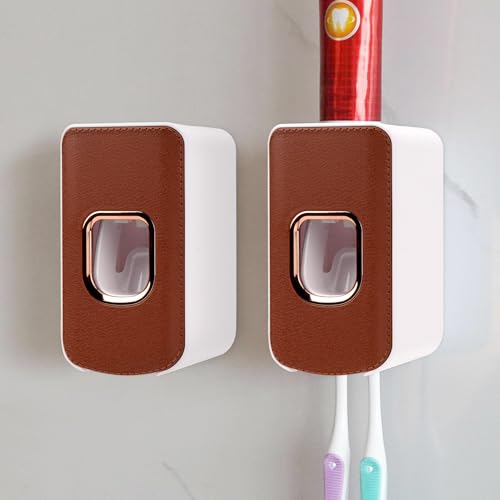 2 Slot Toothbrush Holder and Toothpaste Dispenser Wall Mounted, Automatic Toothpaste Squeezer, 2 in 1 Tooth Brush Toothpaste Organizer for Shower (Brown 2Pack) - color: Brown - Type B, size: 2