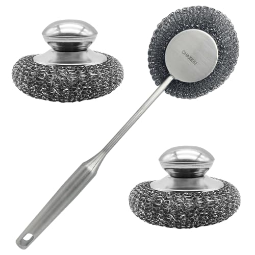 Stainless Steel Wool Scrubber Set, Long Handle & Handle Brushes, Metal Brush for Pots, Pans, Grills & Cutlery Cleaning (3 Pack)