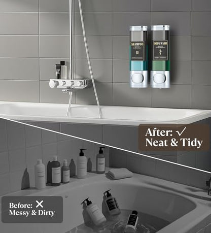 Luxspire Shampoo and Conditioner Dispenser, No Drill Wall Mounted Shower Soap Dispenser 2 Chamber with Waterproof Labels, Easy Refill Soap Dispenser for Bathroom Hotel Kitchen, Silver - color: Silver, size: 2 Chamber