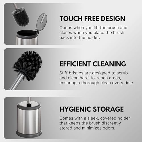 ToiletTree Products Toilet Brush with Lid - Sleek Toilet Bowl Brush and Holder - Toilet Scrubber Brush Set with Heavy-Weight Base - Lidded Toilet Bowl Cleaner Brush and Holder - Chrome - style: Stainless Steel