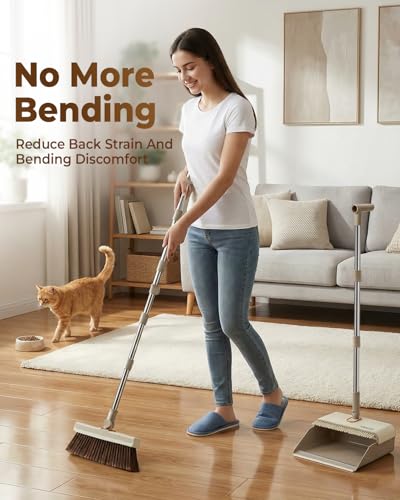 INDCAN Broom and Dustpan Set for Home, 54 Inch Long Handle Upright Broom, Rotatable Broom Head with Magnetic Mount & Self-Cleaning Teeth Comb, Indoor Floor Sweeping Set (Santra Pro) - Sandstone Beige - color: Sandstone Beige