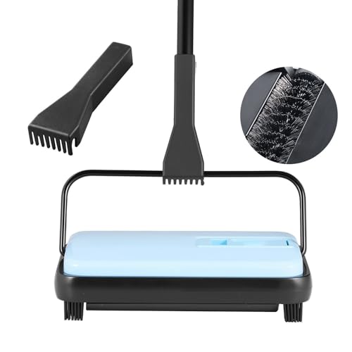 Carpet Sweeper Manual - Floor Sweeper for Home Office, 6.7" Cleaning Width, 300ml Dustbin, Pet Hair Removal, Cordless, Blue