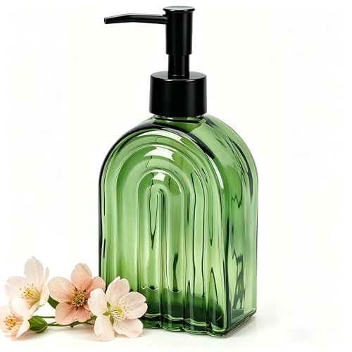 Green Glass Soap Dispenser with Plastic Pump, 13.5Oz Refillable Liquid Farmhouse Soap Dispenser for Hand and Dish Set for Bathroom Countertop Decor - color: Light Green